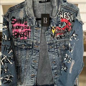 Denim distressed patchwork jacket